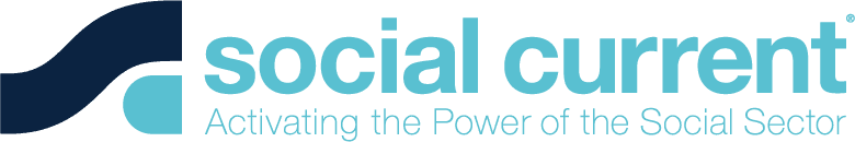 Brand logo for Social Current. Navy blue and aqua design with company name and the tagline, "Activating the Power of the Social Sector."