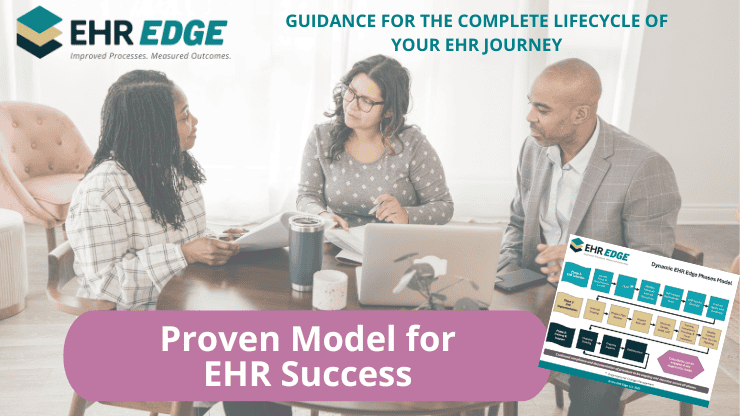 Image of a Black woman, a white woman, and a Black man, sitting around a conference table. Text reads, "guidance for the complete lifecycle of your EHR journey" and "Proven Model for EHR Success." A thumbnail image of the PDF model appears in the lower right corner.